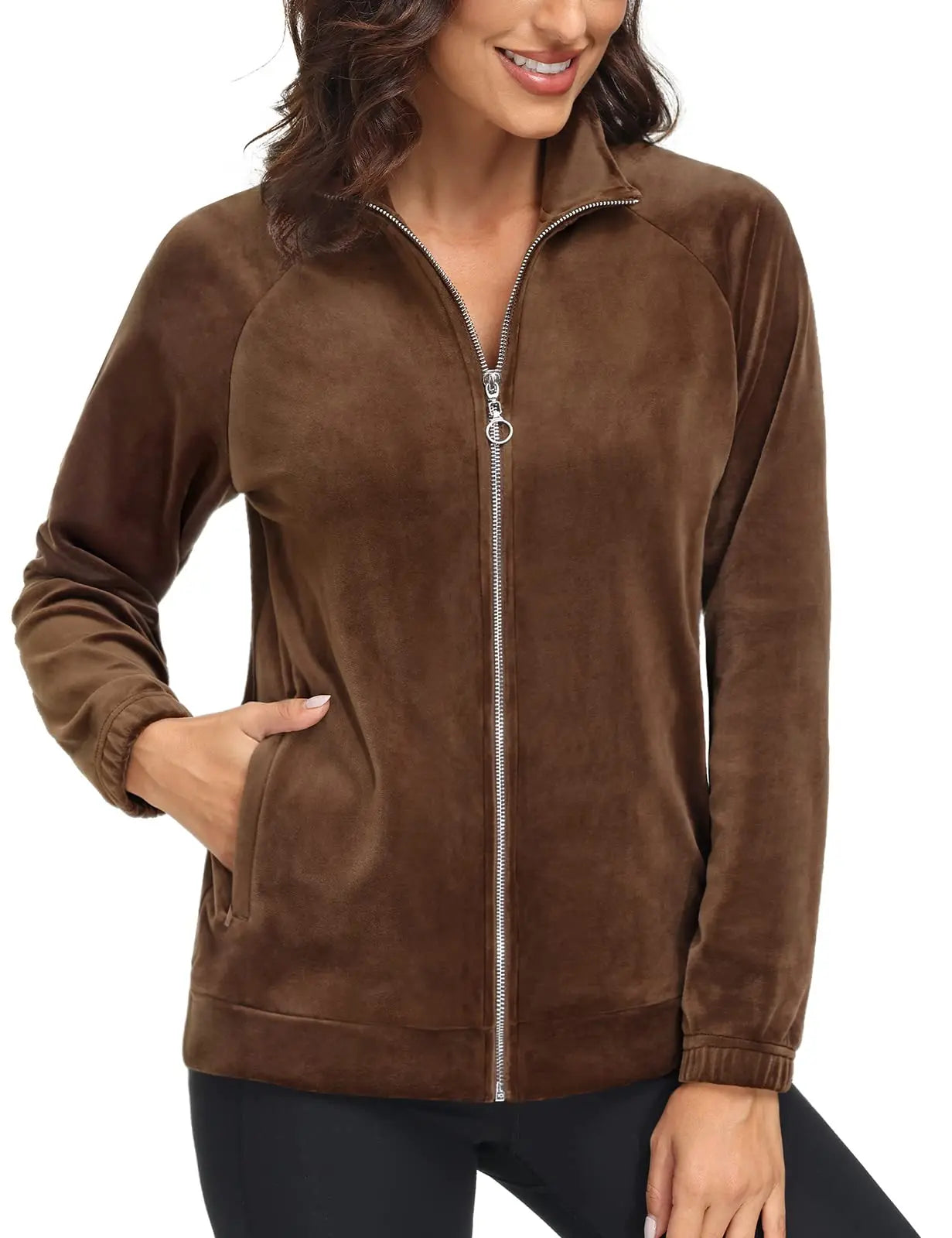 TACVASEN Fleece Velour Full Zip-up Casual Jackets Womens Lightweight Soft Velvet Coat 2 Zipper Pockets Stand Collar Sweatshirts