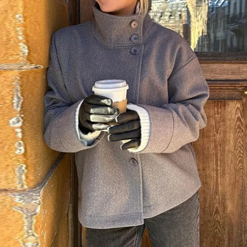 Stand Collar Women Winter Woolen Coats 2025 Spring Single Breasted Loose Female Long Sleeve Jacket Office Lady Street Short Coat