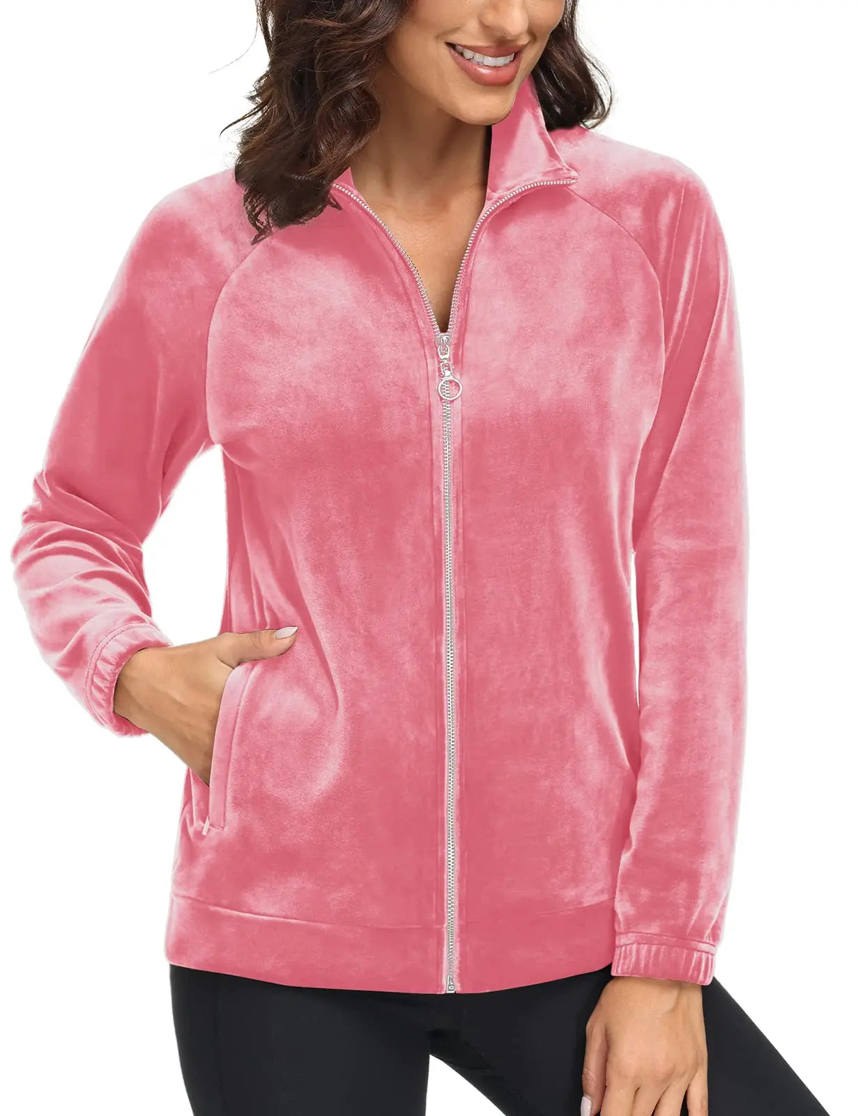 TACVASEN Fleece Velour Full Zip-up Casual Jackets Womens Lightweight Soft Velvet Coat 2 Zipper Pockets Stand Collar Sweatshirts