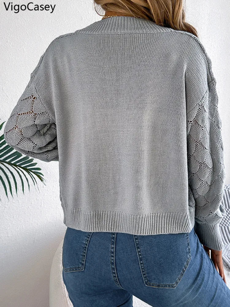 VigoCasey 2025 Autumn Solid Long Sleeve Sweater Grey Cardigan Winter Women Casual Short Cardigan Lady Hollow Loose Knitted Coat
