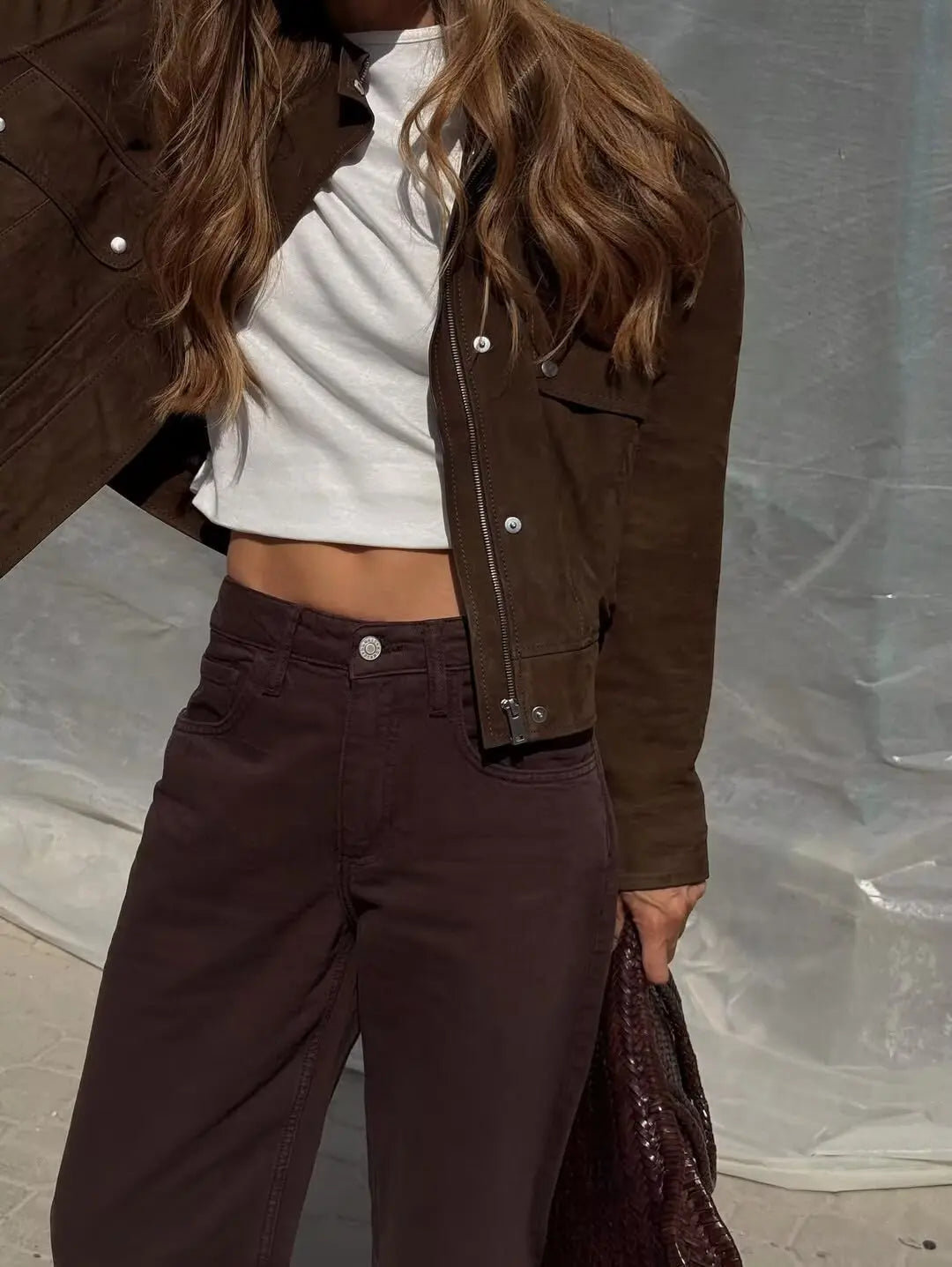 Tidalyf 2025 Women Faux Suede Jacket - Stand Collar, Long Sleeve, Decorative Pockets, Elastic Hem Casual Chic Autumn Winter Coat