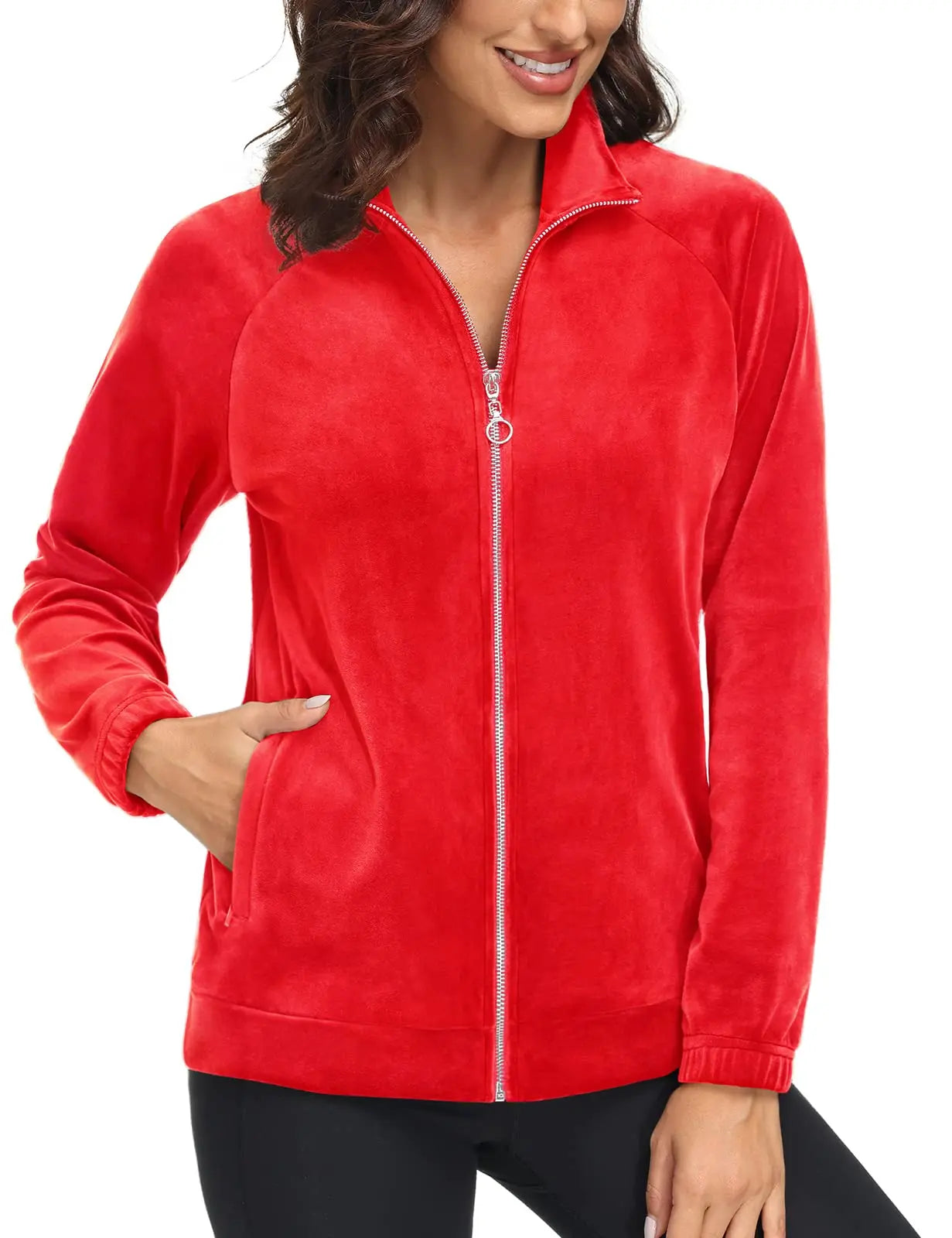 TACVASEN Fleece Velour Full Zip-up Casual Jackets Womens Lightweight Soft Velvet Coat 2 Zipper Pockets Stand Collar Sweatshirts