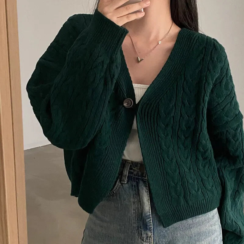 V-neck Twist Design Short Cardigan Sweater Knitted Jacket Fall Autumn and Winter Loose Retro Long Sleeve Casual Women's Clothing