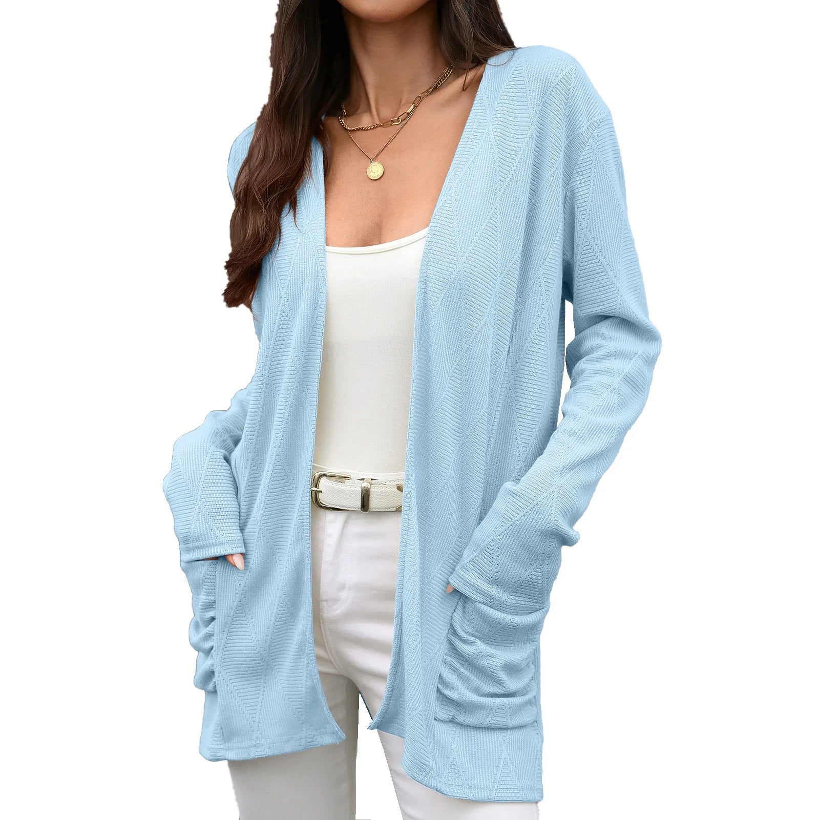Trade Autumn Winter Knitted Open Cardigan Long Sleeve Mid-Length Ladies Coat With Pockets Pure Color