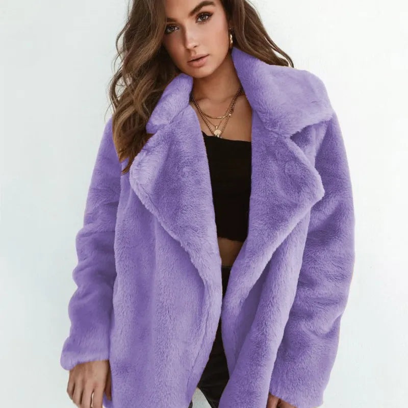 Sexy Plu Lapel Jaet for Women Street Sle Slim Fit Faux Fur Coat Long Sve Pure Color Autumn Faion ort Outerwear