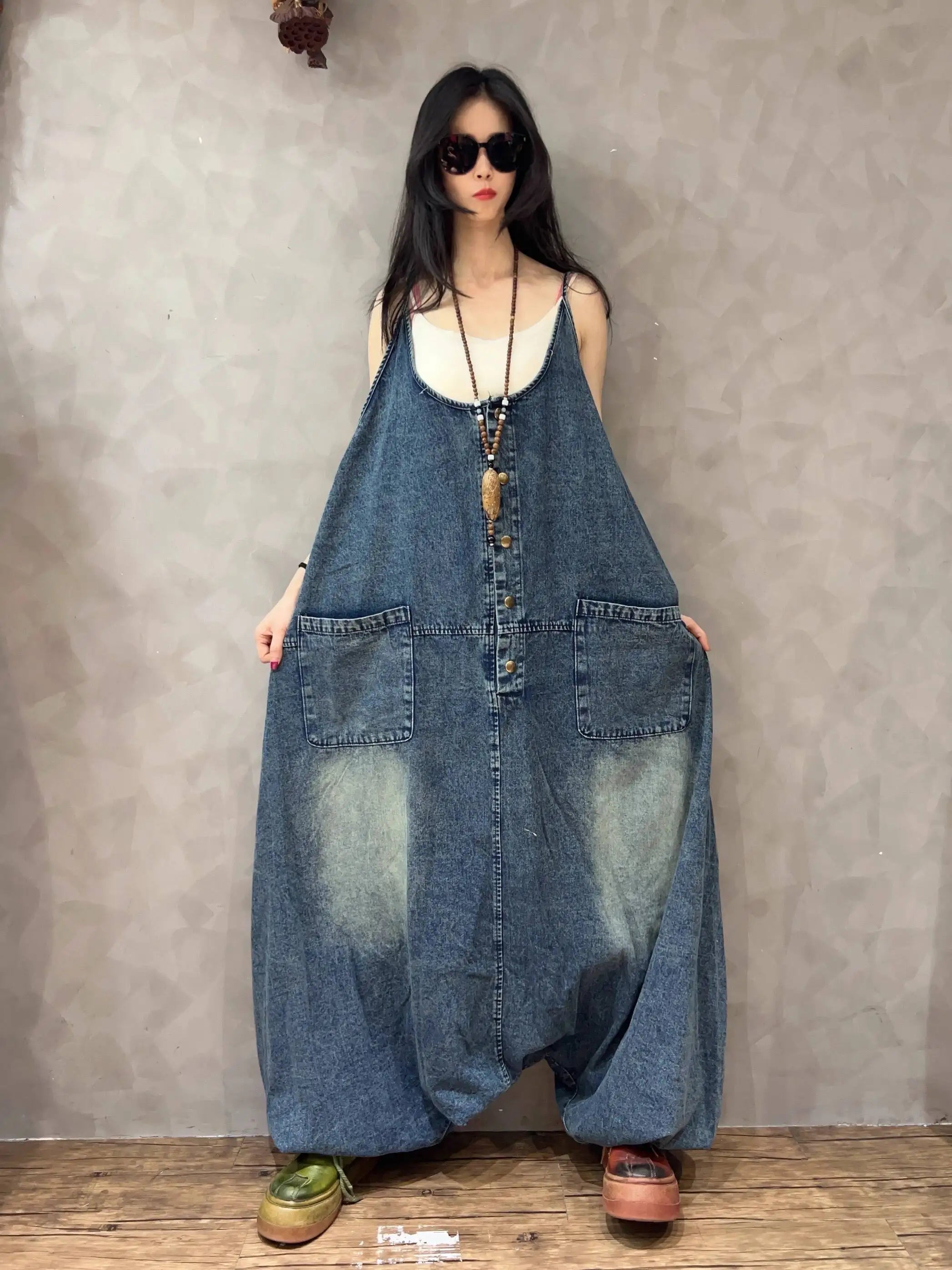 Vintage Denim Overalls Women Loose Plus Size Casual Wide Leg Harem Pants Trendy Spring Autumn Jumpsuit LX4143