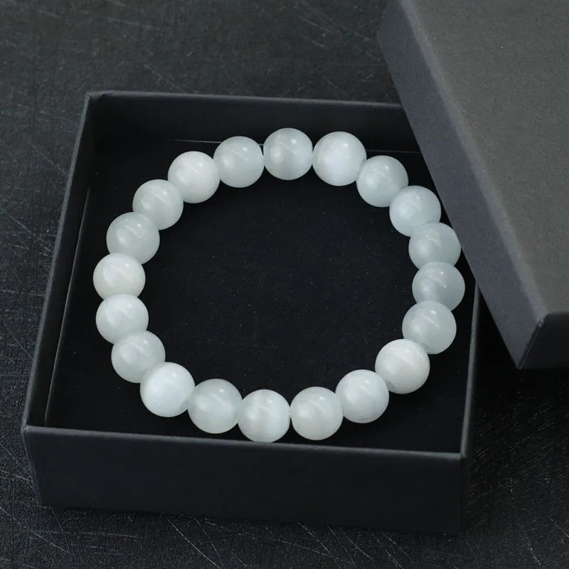 Noter 100% Natural White Cat Eyes Stone Bracelet Women 4/6/8/10/12mm Smooth Beaded Braslet Gifts For Lovers Moonstone Braclet