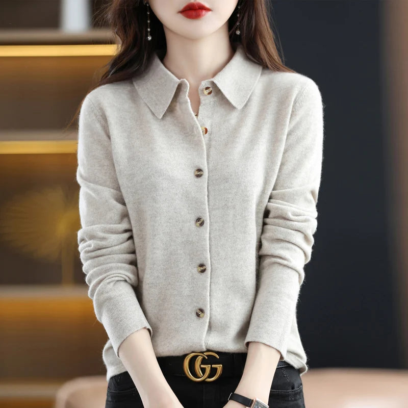 Spring And Autumn Winter POLO Neck Wool Knitted Shirt With Loose Long-Sleeved Sweater Cardigan Temperament Lapel Coat Bottoming