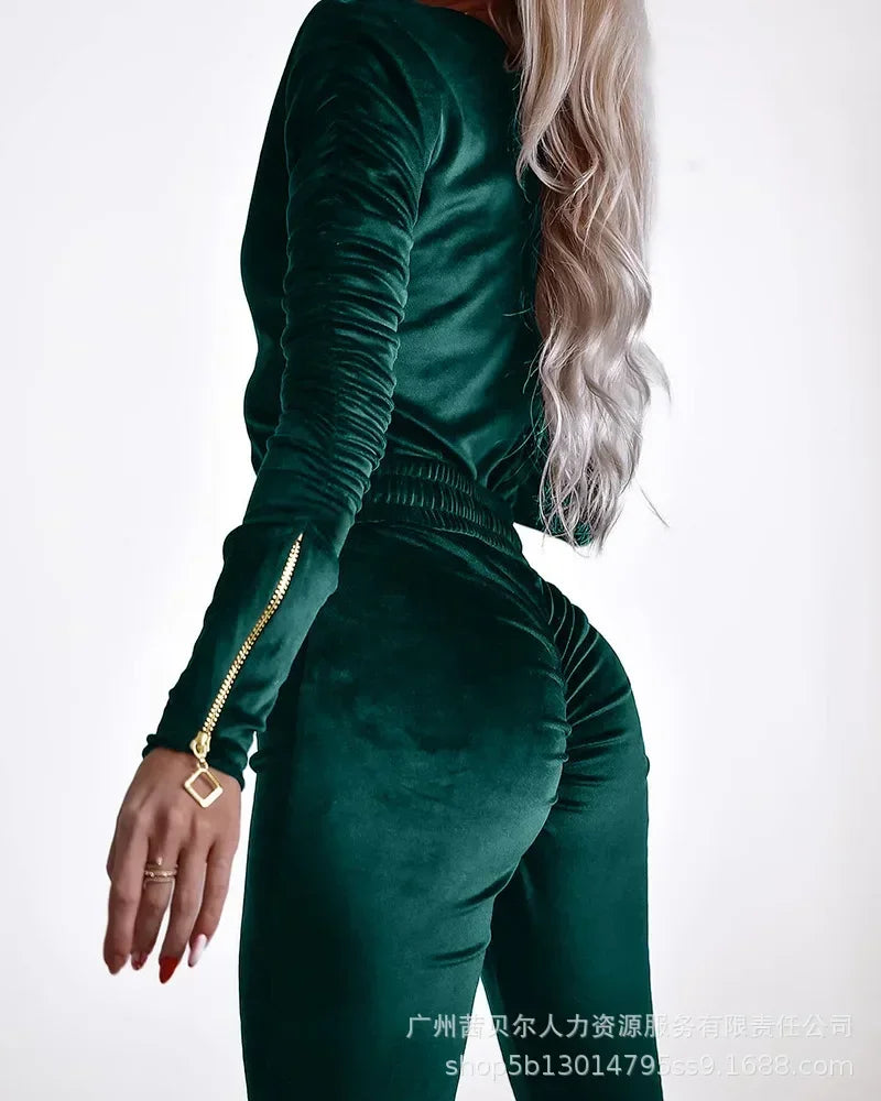 Sexy Women Bodycon Jumpsuits Velvet Zipper Design Sheath Jumpsuits Ruched Long Sleeve Jumpsuit with Elastic Waistbelt for Female