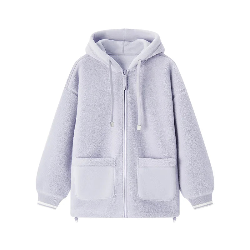 Semir Coat Women Imitation Lamb Wool Polar Fleece Double-Sided Wear Loose 2024 New Winter Contrast Color Simple Hooded Jacket