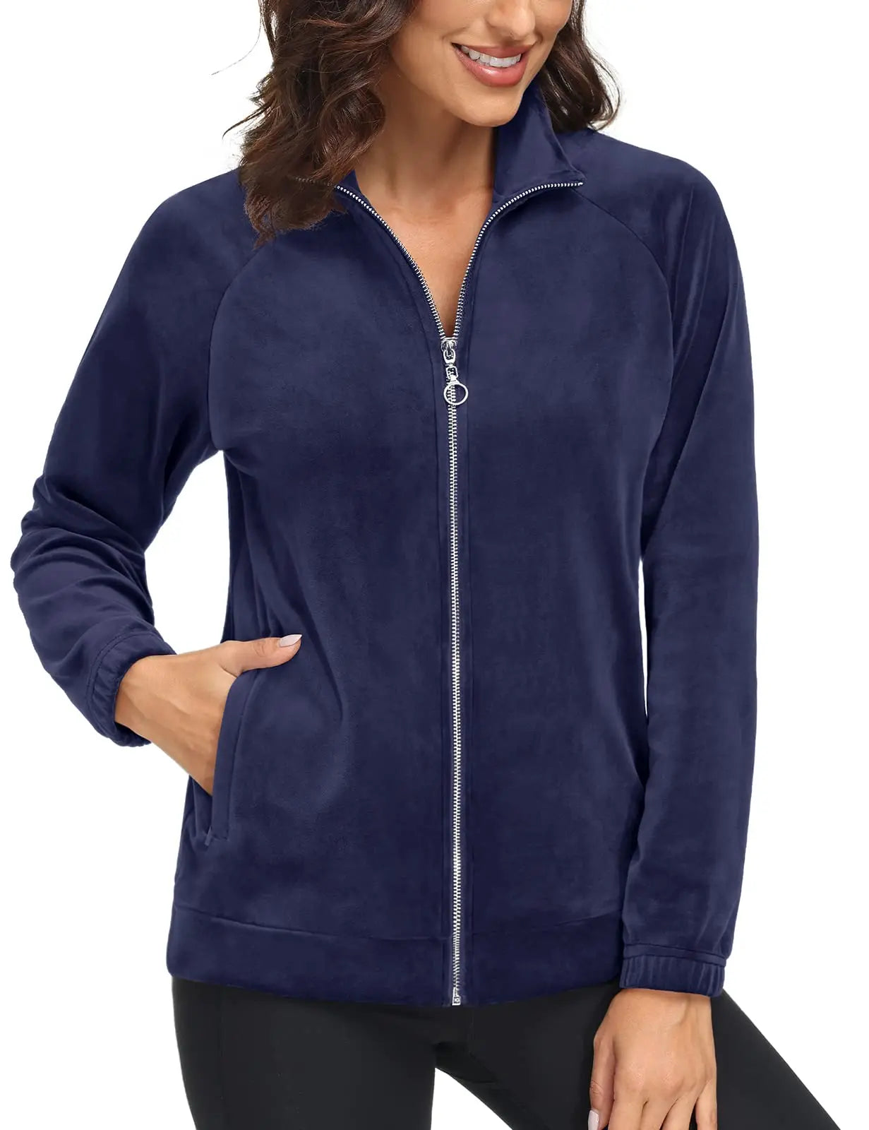 TACVASEN Fleece Velour Full Zip-up Casual Jackets Womens Lightweight Soft Velvet Coat 2 Zipper Pockets Stand Collar Sweatshirts