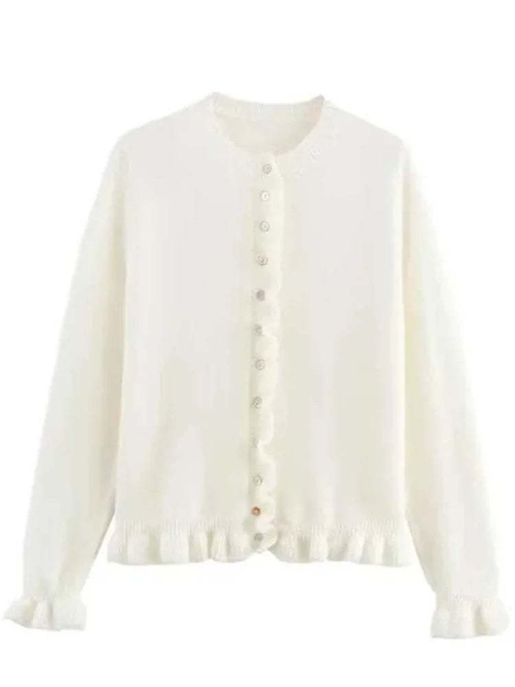 Tossy Ruffled Knit Cardigan Coat For Women Ribbed Long Sleeve Fashion Patchwork Elegant Sweater Outwear Female Knitwear Cardigan