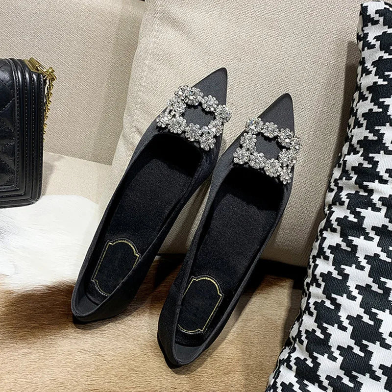 Spring and summer new pointed shallow silk rhinestone flat shoes thin high-heeled banquet dress large size small size women shoe