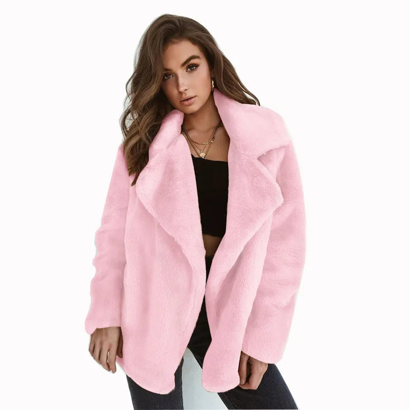 Sexy Plu Lapel Jaet for Women Street Sle Slim Fit Faux Fur Coat Long Sve Pure Color Autumn Faion ort Outerwear