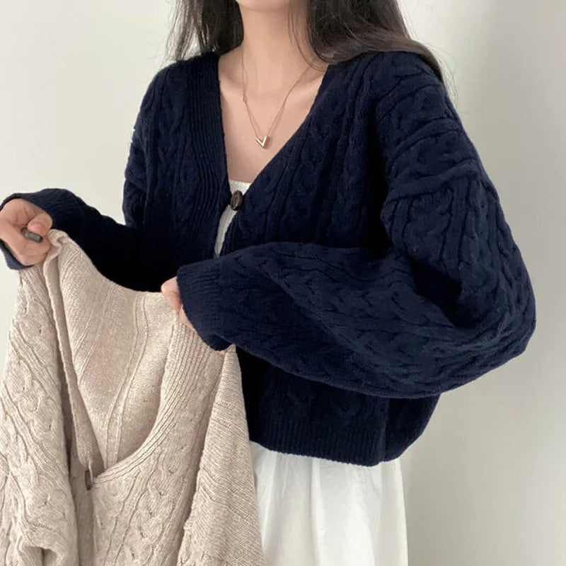 V-neck Twist Design Short Cardigan Sweater Knitted Jacket Fall Autumn and Winter Loose Retro Long Sleeve Casual Women's Clothing