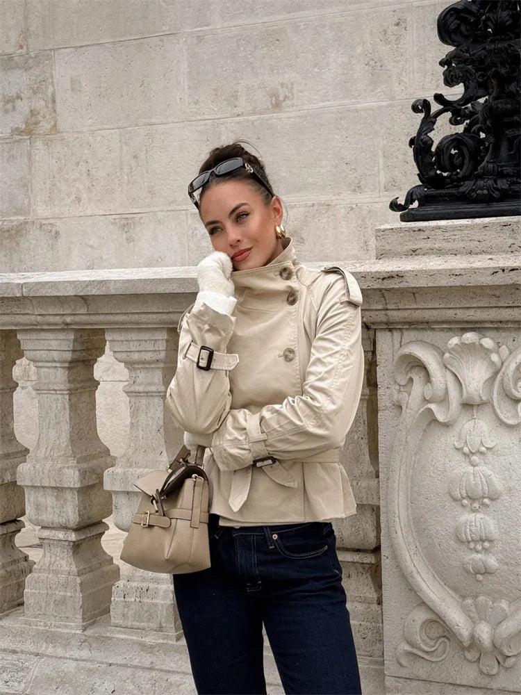 Spring Short Windbreaker Women Fashion Stand Collar Long Sleeve Double Breasted Jackets 2025 New Office Lady Belt Trench Coats