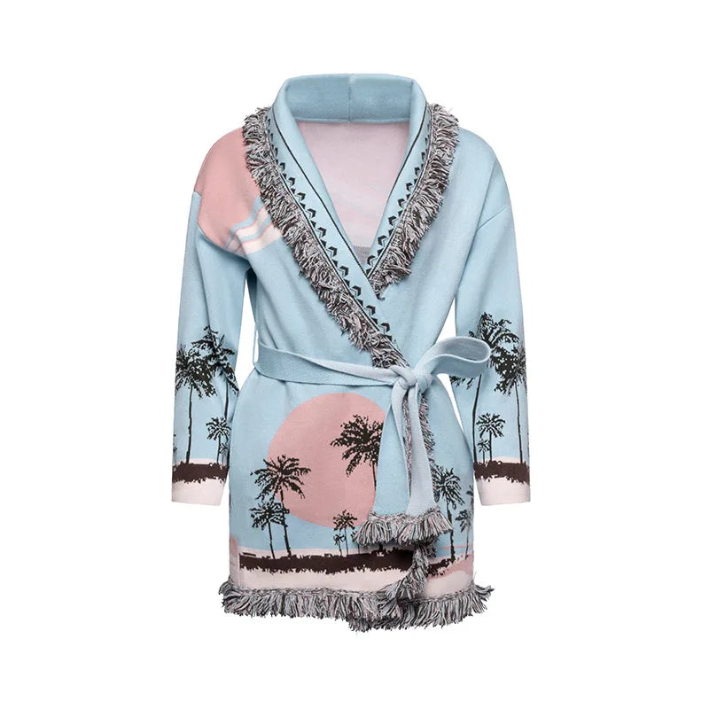 Tassel Patchwork Printed Cardigan Women Geometric Patterns Belts V-neck Long Sleeve Knitted Street Lady Sweater 2025 Autumn Coat