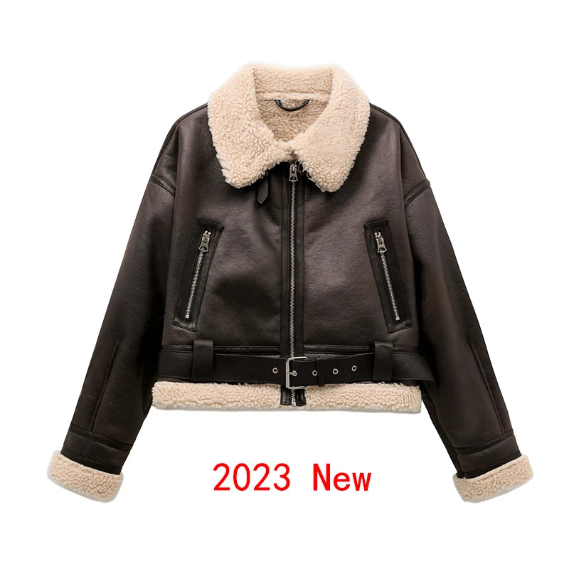RARF 2024 New Woman's Fashion Thick Warm Faux Shearling Jacket Coat Vintage Long Sleeve Belt Hem Female Outerw