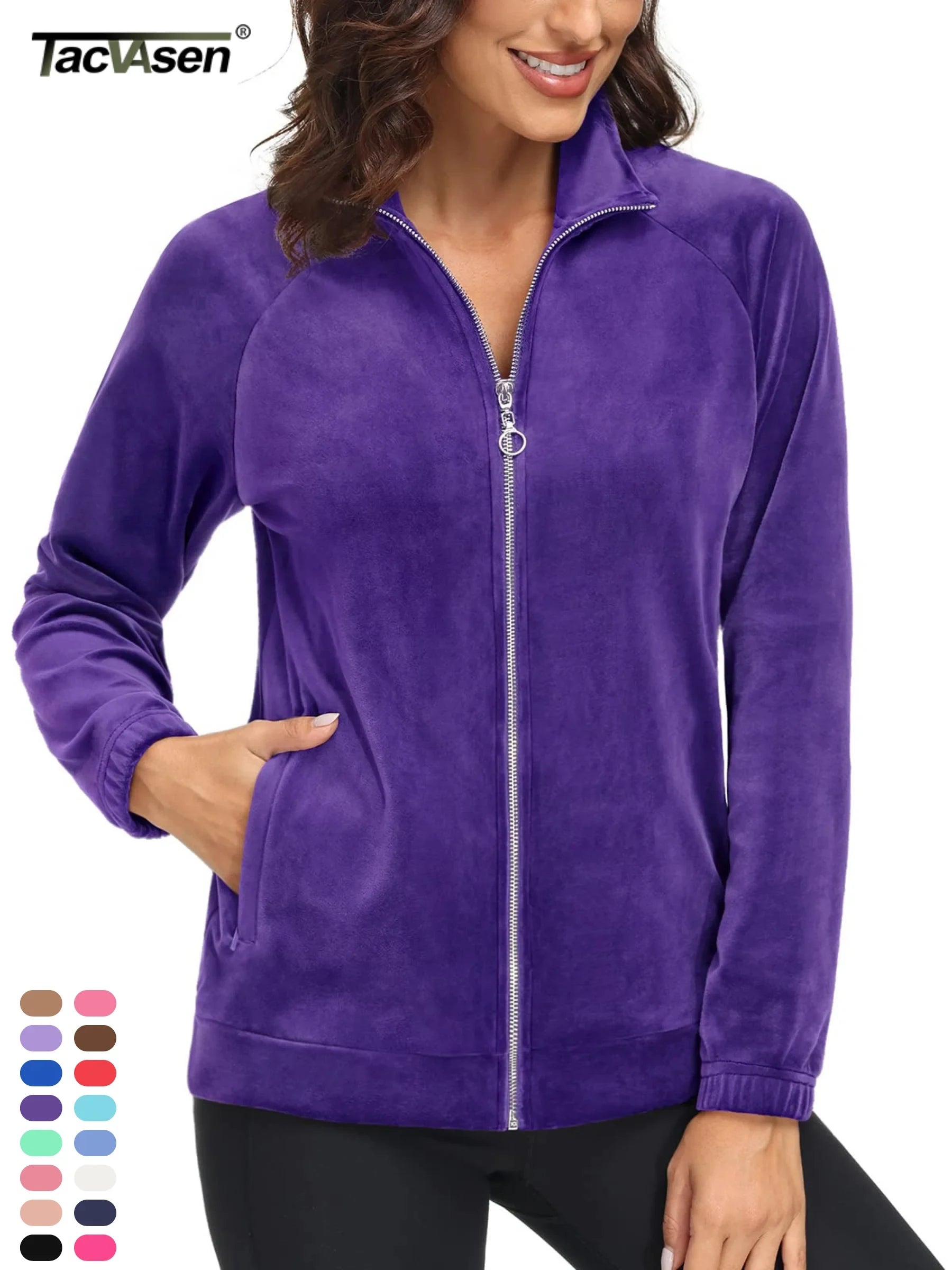 TACVASEN Fleece Velour Full Zip-up Casual Jackets Womens Lightweight Soft Velvet Coat 2 Zipper Pockets Stand Collar Sweatshirts