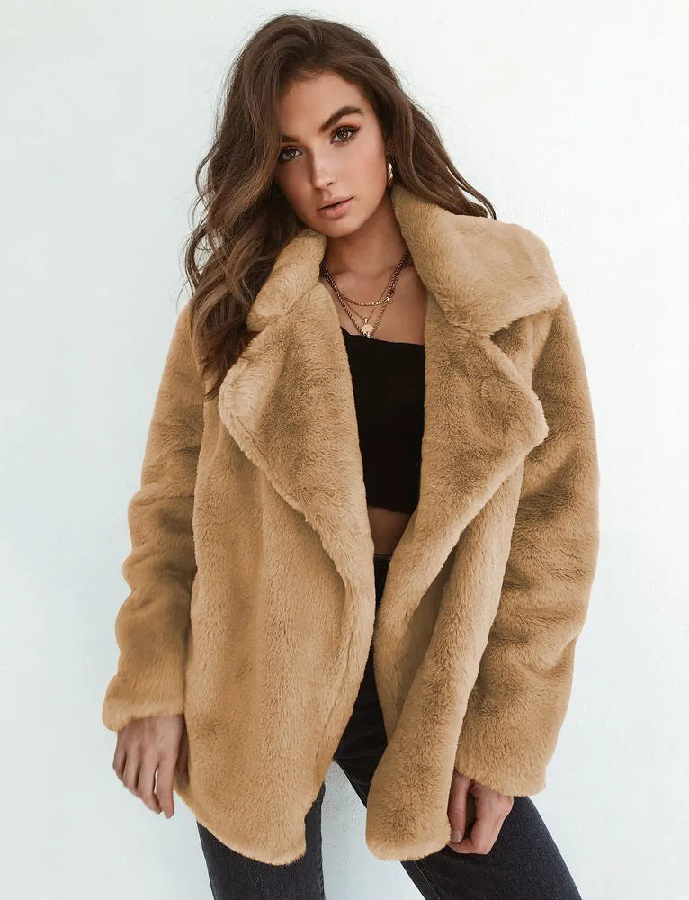Sexy Plu Lapel Jaet for Women Street Sle Slim Fit Faux Fur Coat Long Sve Pure Color Autumn Faion ort Outerwear