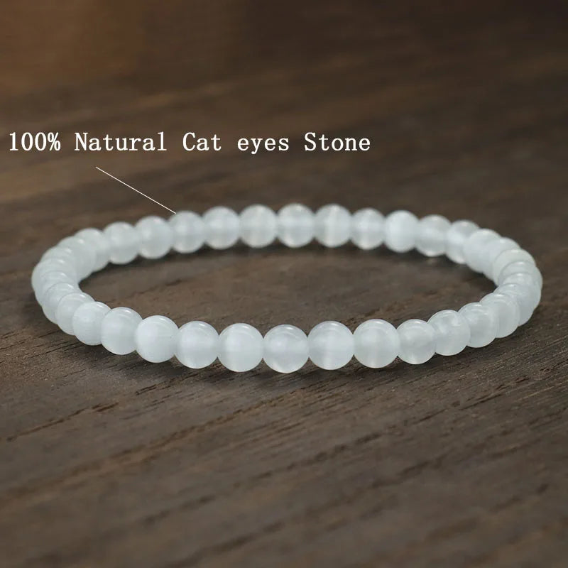 Noter 100% Natural White Cat Eyes Stone Bracelet Women 4/6/8/10/12mm Smooth Beaded Braslet Gifts For Lovers Moonstone Braclet