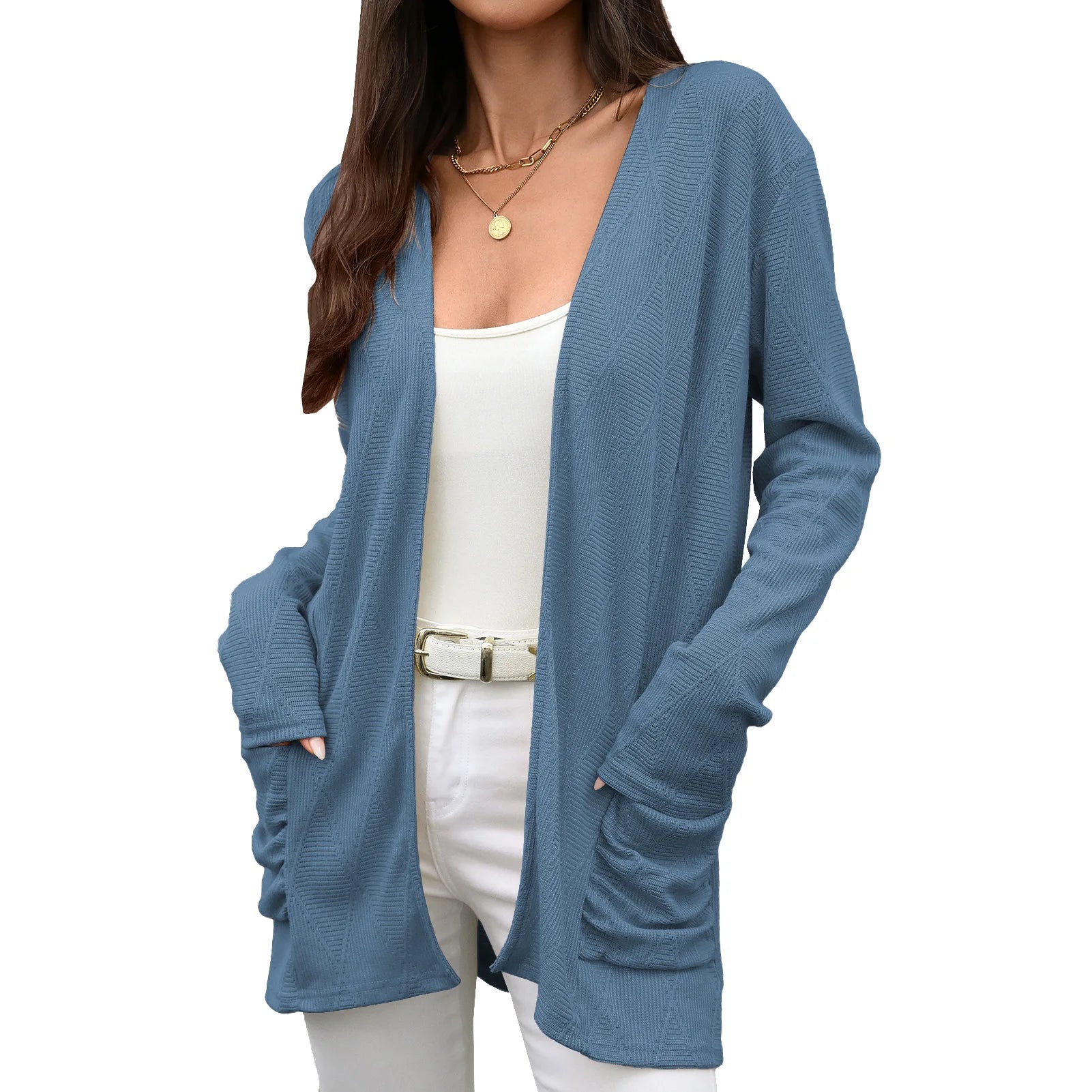 Trade Autumn Winter Knitted Open Cardigan Long Sleeve Mid-Length Ladies Coat With Pockets Pure Color