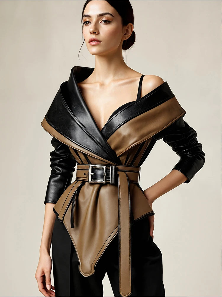 PU Faux Leather Jacket for Women's One Shoulder Splice Irregular Hem Long Sleeve Leather Coat Casual Vintage Y2K Outerwear