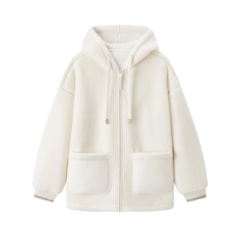 Semir Coat Women Imitation Lamb Wool Polar Fleece Double-Sided Wear Loose 2024 New Winter Contrast Color Simple Hooded Jacket