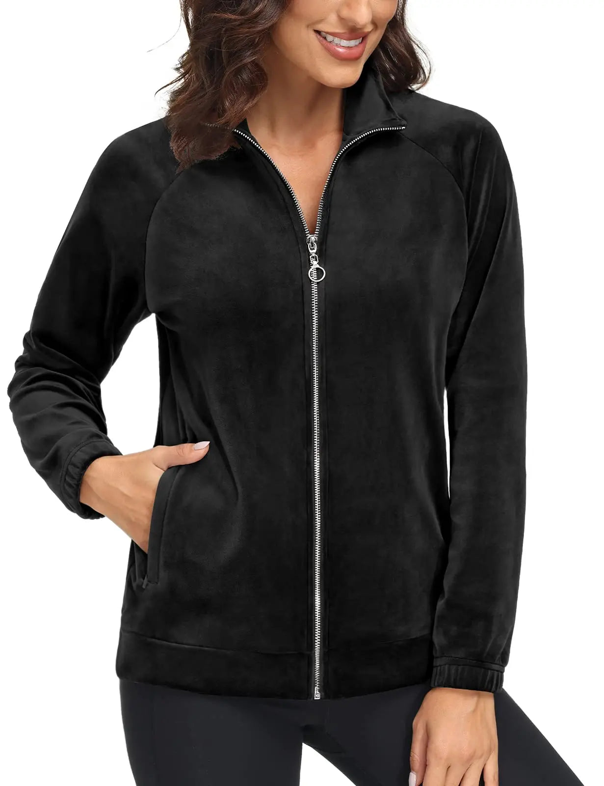 TACVASEN Fleece Velour Full Zip-up Casual Jackets Womens Lightweight Soft Velvet Coat 2 Zipper Pockets Stand Collar Sweatshirts