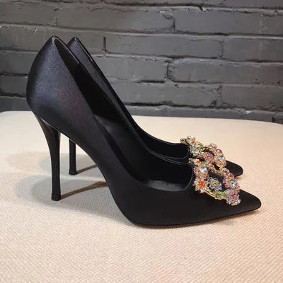 Spring and summer new pointed shallow silk rhinestone flat shoes thin high-heeled banquet dress large size small size women shoe