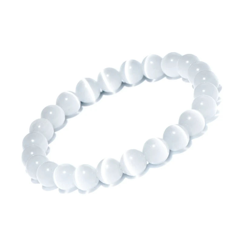 Noter 100% Natural White Cat Eyes Stone Bracelet Women 4/6/8/10/12mm Smooth Beaded Braslet Gifts For Lovers Moonstone Braclet