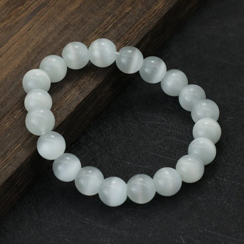 Noter 100% Natural White Cat Eyes Stone Bracelet Women 4/6/8/10/12mm Smooth Beaded Braslet Gifts For Lovers Moonstone Braclet