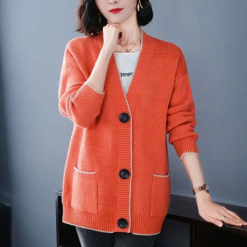 Solid Color Button All-match Sweaters Cardigan Women's Clothing Autumn Winter Korean Loose V-Neck Fashion Pockets Knitted Tops