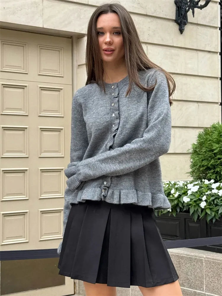 Tossy Ruffled Knit Cardigan Coat For Women Ribbed Long Sleeve Fashion Patchwork Elegant Sweater Outwear Female Knitwear Cardigan