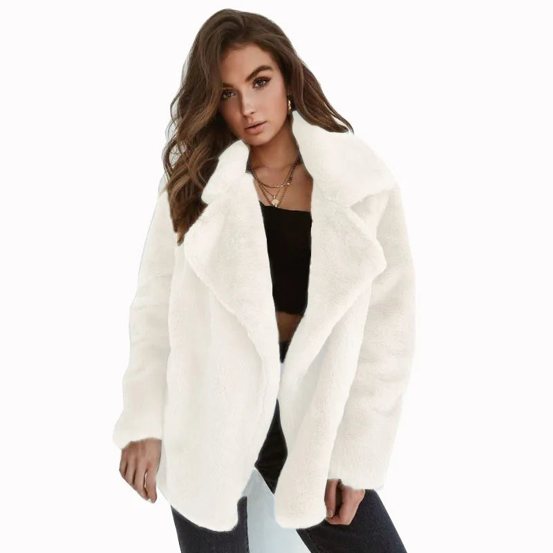 Sexy Plu Lapel Jaet for Women Street Sle Slim Fit Faux Fur Coat Long Sve Pure Color Autumn Faion ort Outerwear