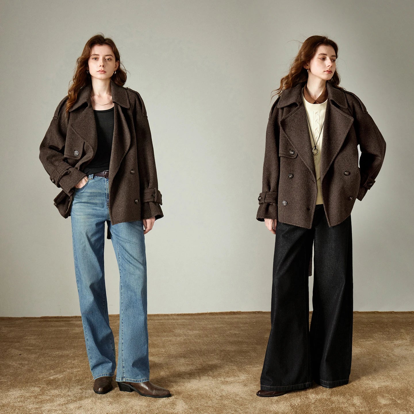 TOYOUTH Women Double Side Woolen Coat 2025 Winter New Casual Double Breasted Retro Office Lady Outerwear Jacket