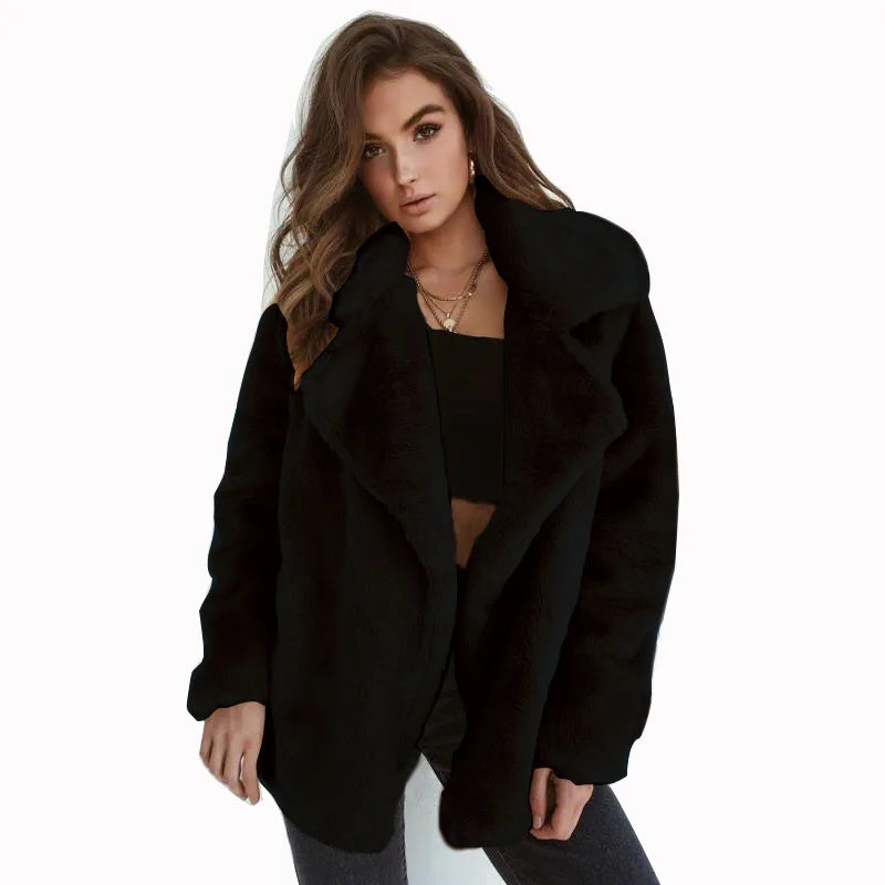 Sexy Plu Lapel Jaet for Women Street Sle Slim Fit Faux Fur Coat Long Sve Pure Color Autumn Faion ort Outerwear