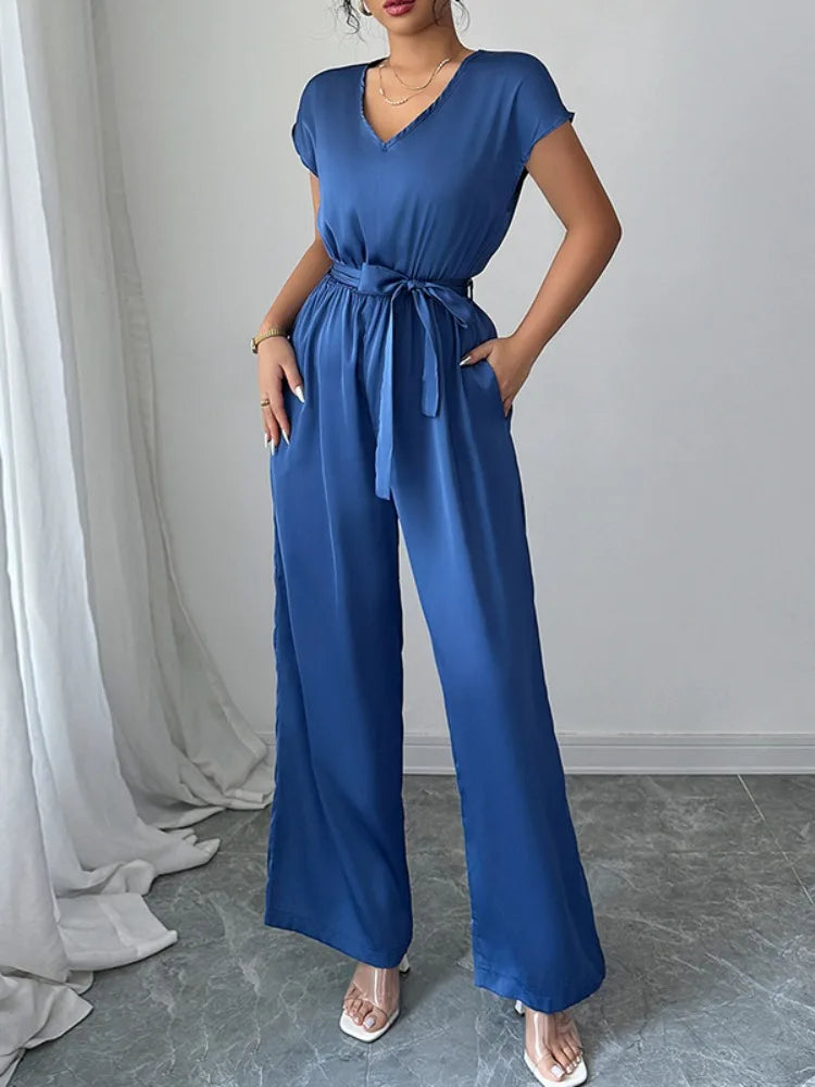Onecozyday Solid Blue Loose Fit Women's Jumpsuit V-neck Short Sleeves Lace-up High Waist Wide Leg Rompers Summer One-piece Suit