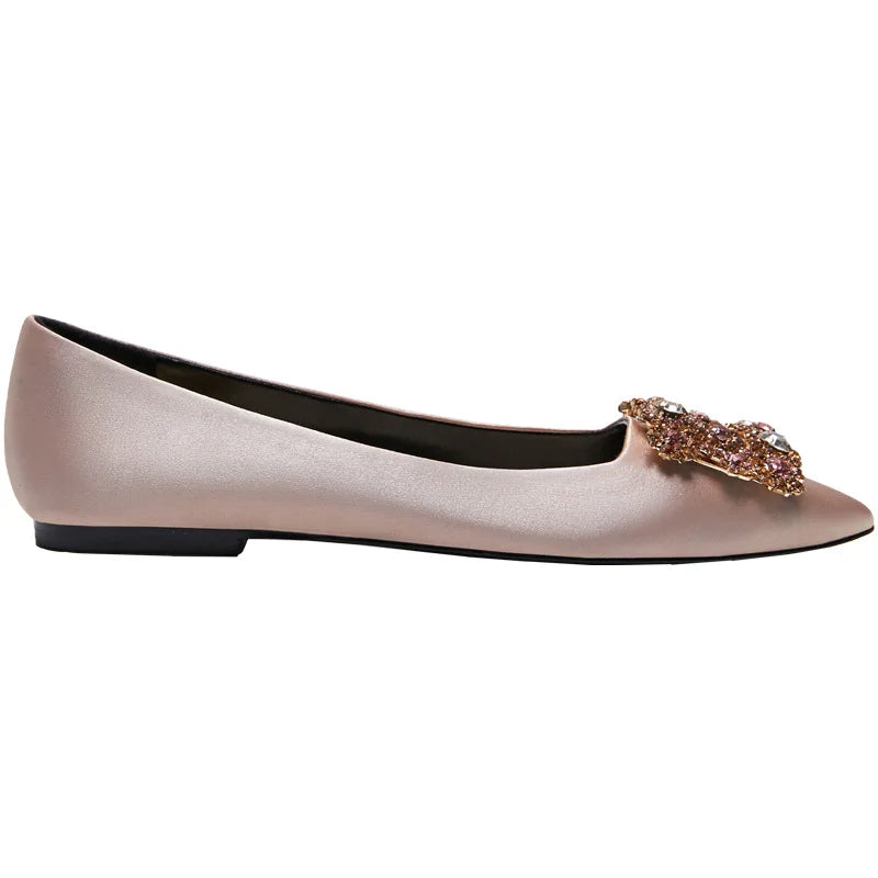 Spring and summer new pointed shallow silk rhinestone flat shoes thin high-heeled banquet dress large size small size women shoe