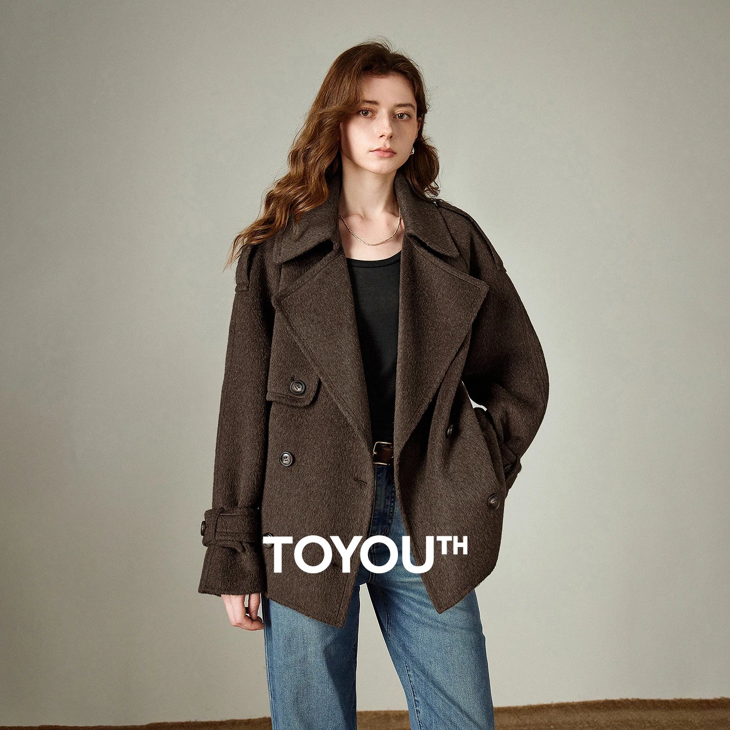 TOYOUTH Women Double Side Woolen Coat 2025 Winter New Casual Double Breasted Retro Office Lady Outerwear Jacket