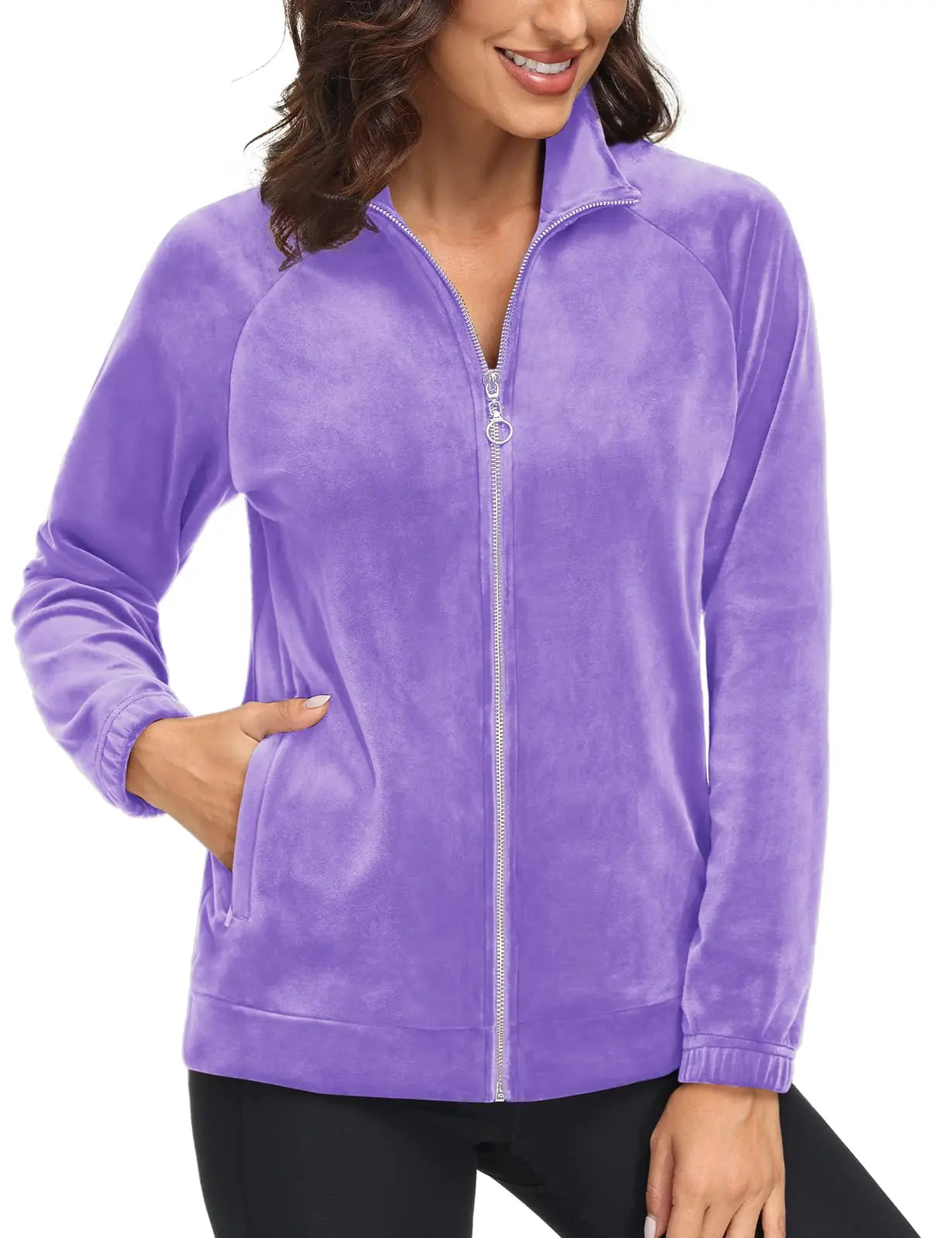 TACVASEN Fleece Velour Full Zip-up Casual Jackets Womens Lightweight Soft Velvet Coat 2 Zipper Pockets Stand Collar Sweatshirts