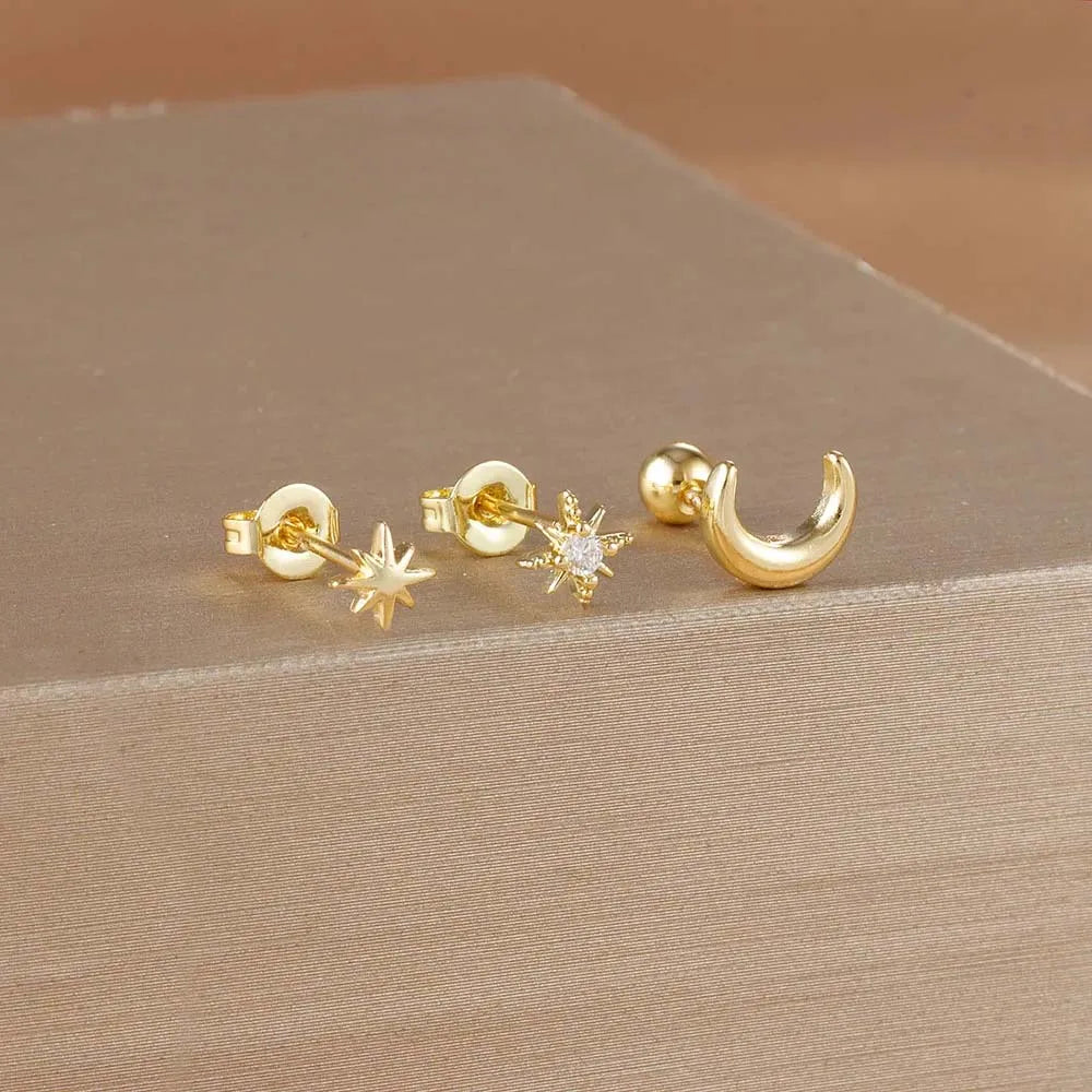 3 Pieces Stainless Steel Star Moon Ear Stud Earrings Set Women Daily Wear Cartilage Piercing Earring Punk Unisex Rock Jewelry