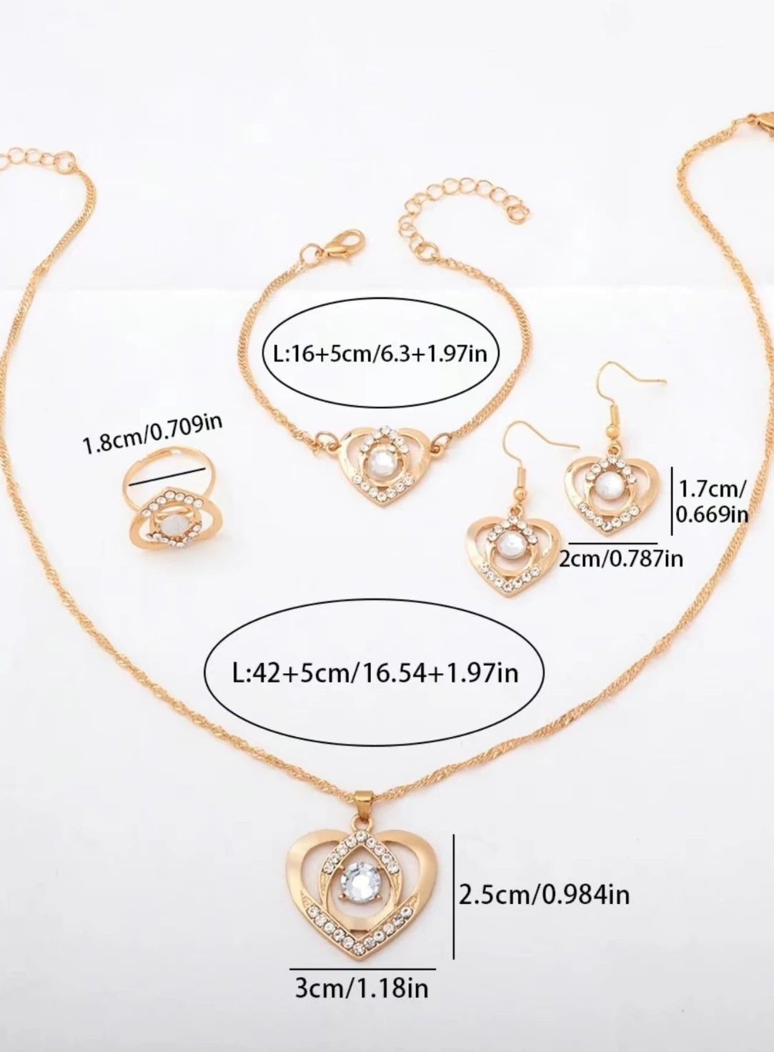 4pcs Simpleand Fashionsble cesn hesrt Design,EarringNecklace, Ring snd Brscslst Set, VersstilsAccessoriesfor Banguets, Parties。