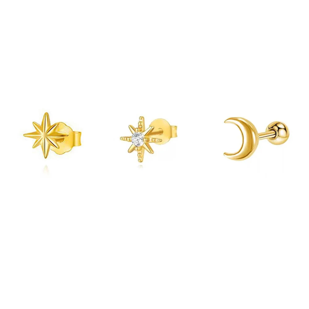 3 Pieces Stainless Steel Star Moon Ear Stud Earrings Set Women Daily Wear Cartilage Piercing Earring Punk Unisex Rock Jewelry