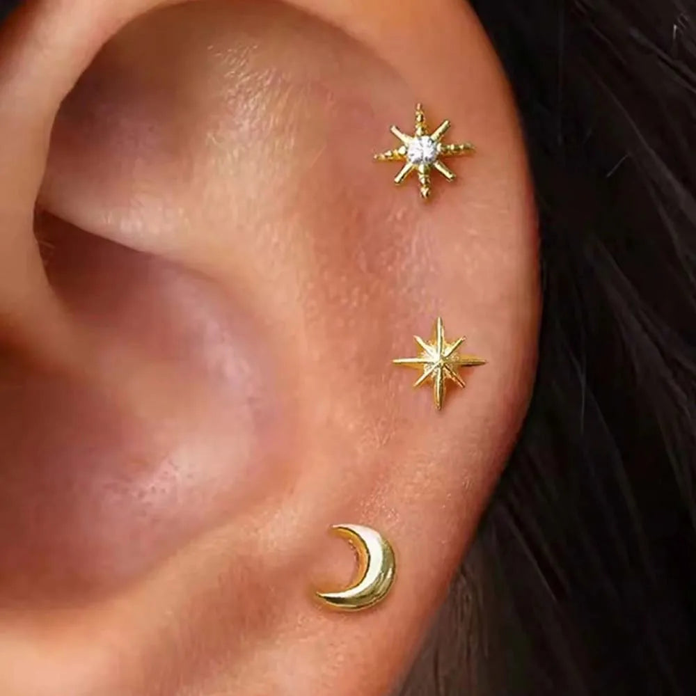 3 Pieces Stainless Steel Star Moon Ear Stud Earrings Set Women Daily Wear Cartilage Piercing Earring Punk Unisex Rock Jewelry