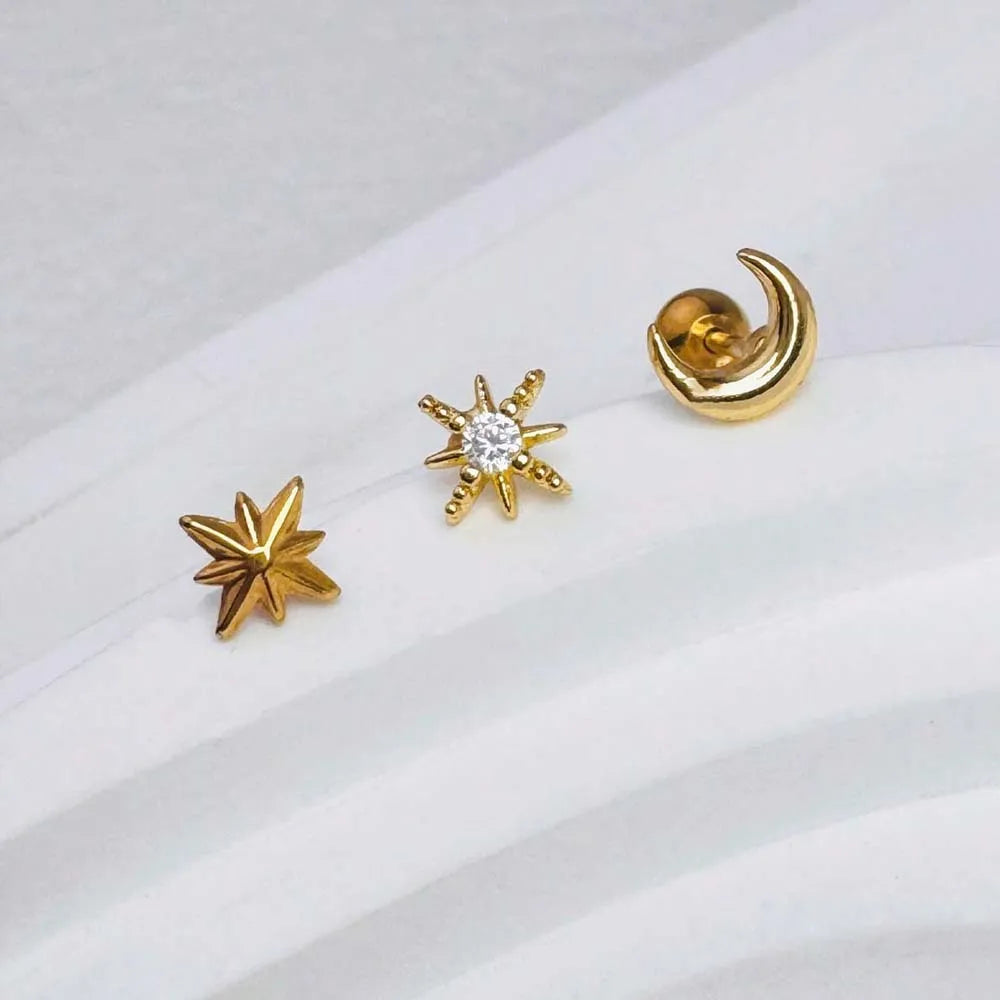 3 Pieces Stainless Steel Star Moon Ear Stud Earrings Set Women Daily Wear Cartilage Piercing Earring Punk Unisex Rock Jewelry