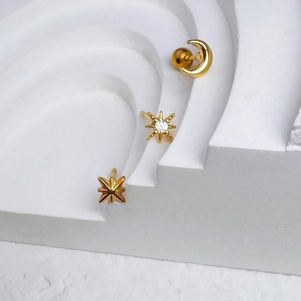 3 Pieces Stainless Steel Star Moon Ear Stud Earrings Set Women Daily Wear Cartilage Piercing Earring Punk Unisex Rock Jewelry