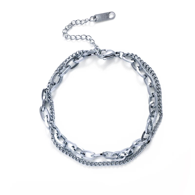 DIEYURO 316L Stainless Steel Punk 2 Layer Bracelet Simple Irregular Chain Gold Silver Colours Women Men Jewelry Couple Present