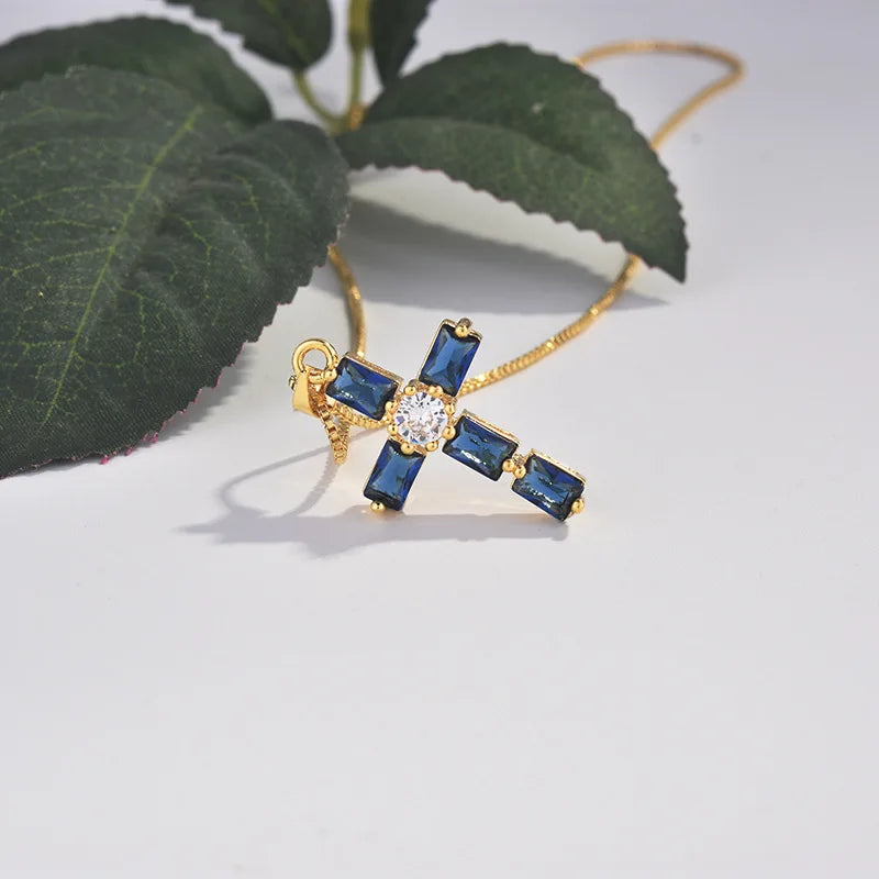 Real Solid 18k Yellow Gold Cross Pendant Necklace for Men and Women Simple Design Sapphire Pendant  Jesus Christ Fine Jewelry