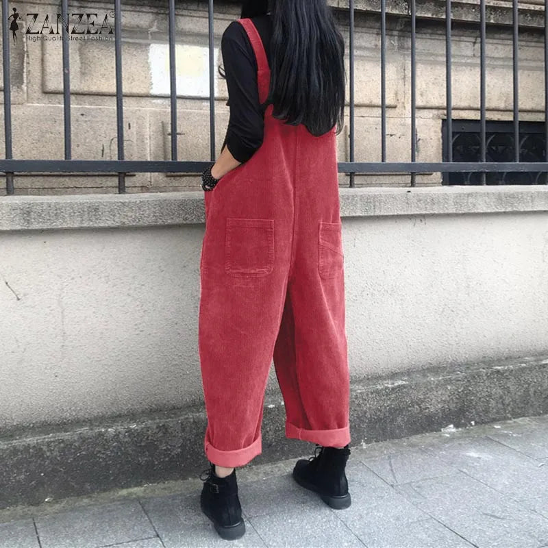 Kaftan Corduroy Overalls Women's Spring Jumpsuits ZANZEA 2025 Casual Suspender Harem Pants Female Solid Rompers Femme Oversize
